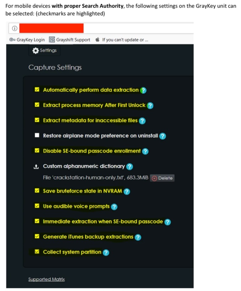 Меню настроек GrayKey