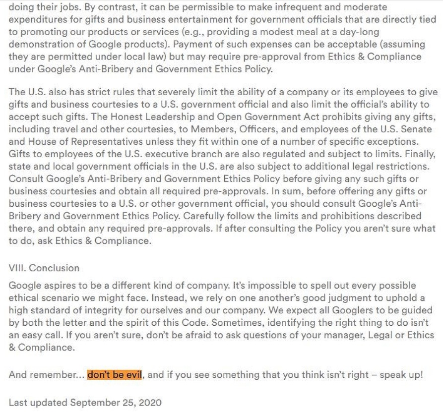Скрин кодекса поведения Google